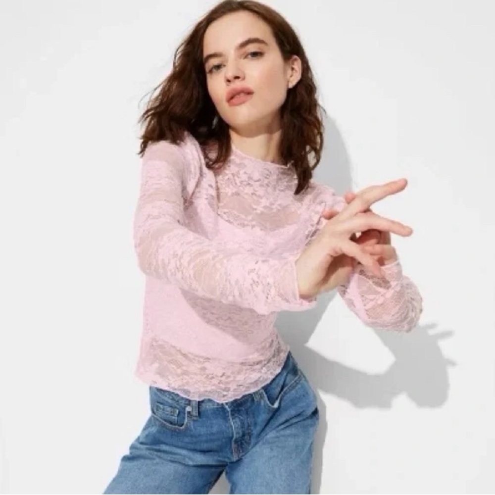 Wild Fable Pastel lace Sheer long-sleeve sequin mock neck coquette girl fairy